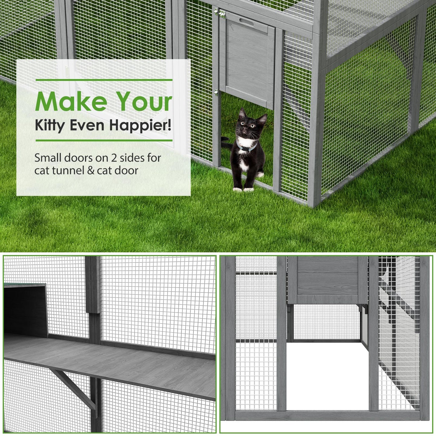 Grand enclos extérieur en bois pour chats, comprenant des niches, des ponts et des allées.