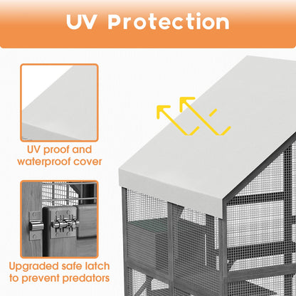 Grand enclos extérieur en bois pour chats, comprenant des niches, des ponts et des allées.