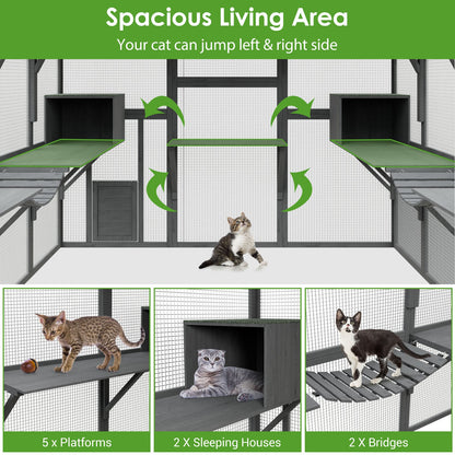 Grand enclos extérieur en bois pour chats, comprenant des niches, des ponts et des allées.