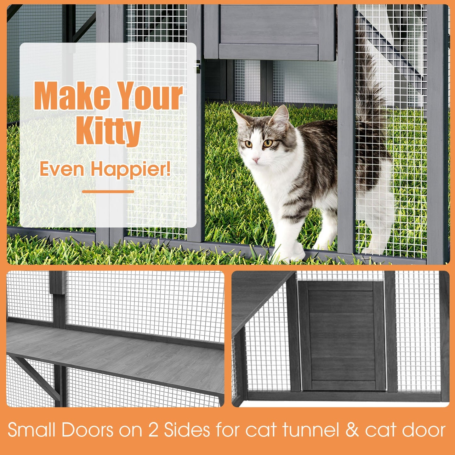 Grand enclos extérieur en bois pour chats, comprenant des niches, des ponts et des allées.