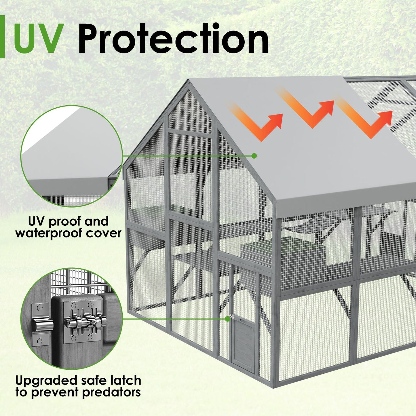 Grand enclos extérieur en bois pour chats, comprenant des niches, des ponts et des allées.