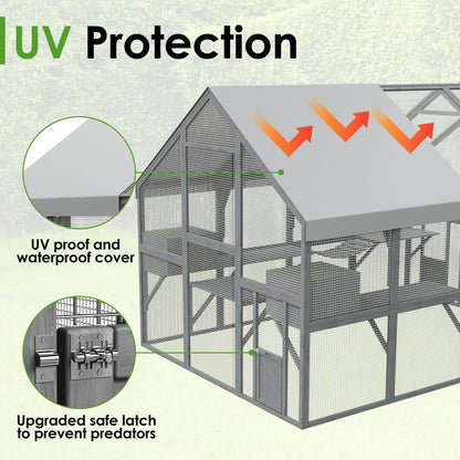 Grand enclos extérieur en bois pour chats, comprenant des niches, des ponts et des allées.