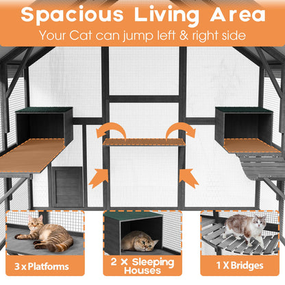 Grand enclos extérieur en bois pour chats, comprenant des niches, des ponts et des allées.