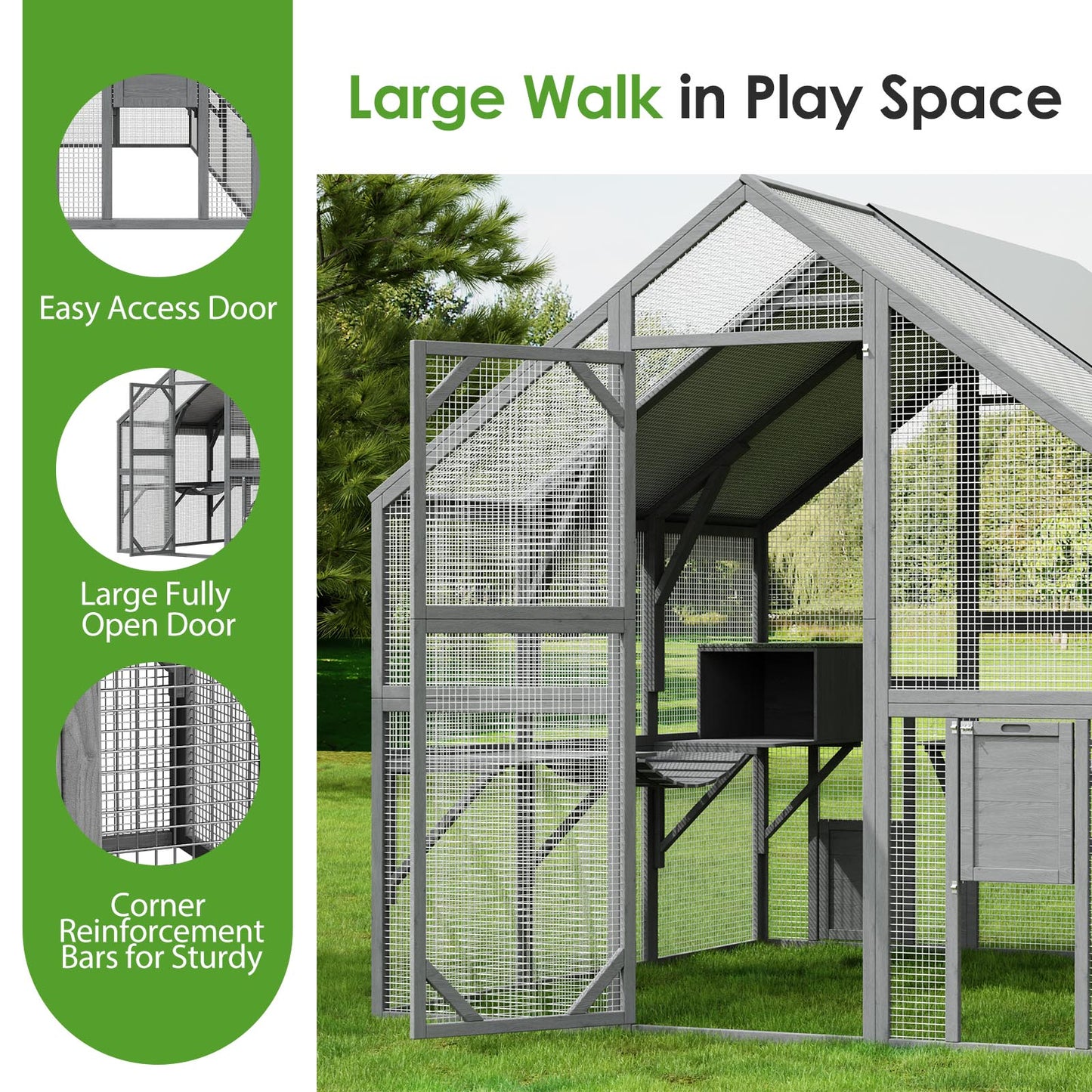 Grand enclos extérieur en bois pour chats, comprenant des niches, des ponts et des allées.