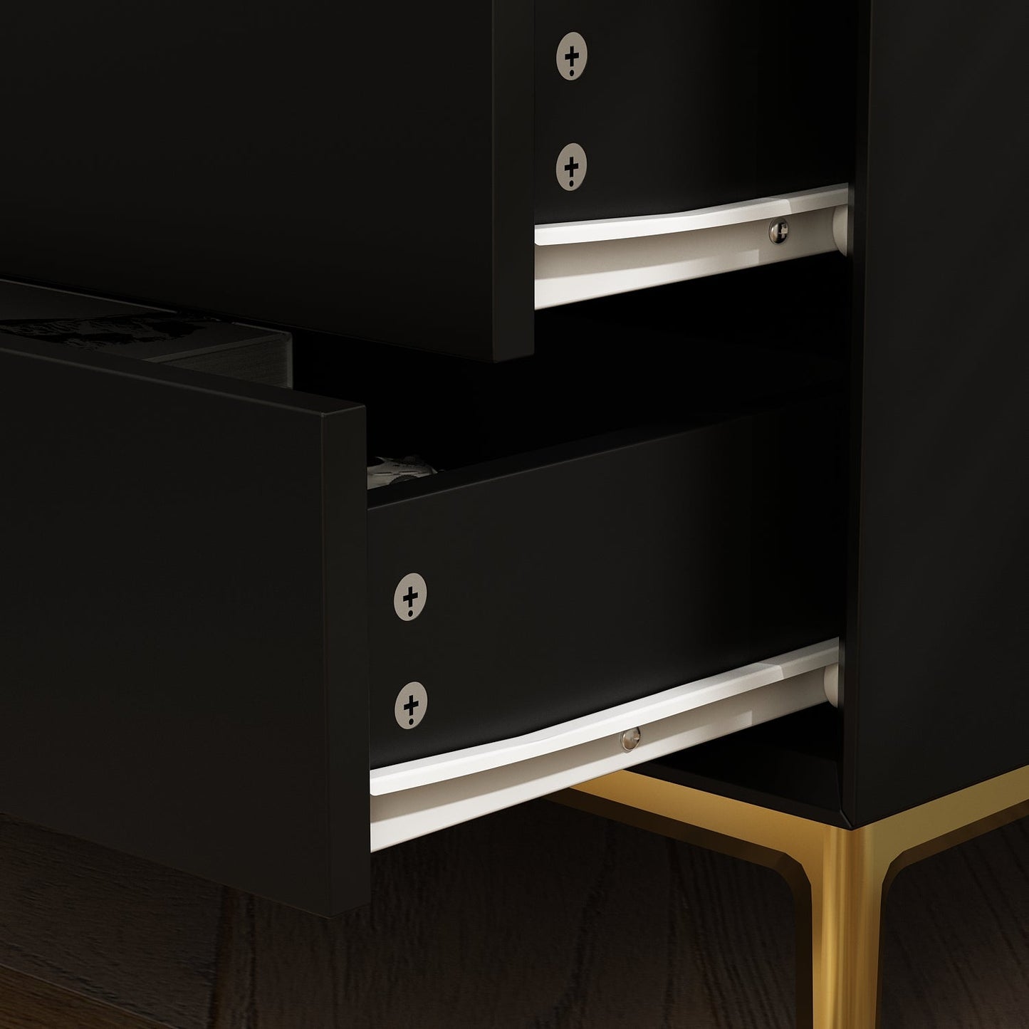 Table de chevet noire avec pieds en métal doré et 3 tiroirs