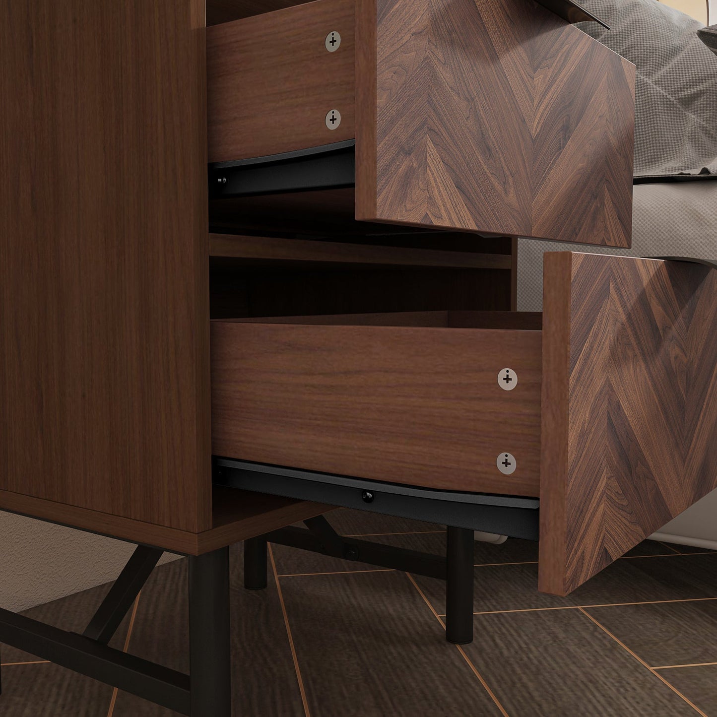 Table de chevet rustique en bois veiné à 2 tiroirs