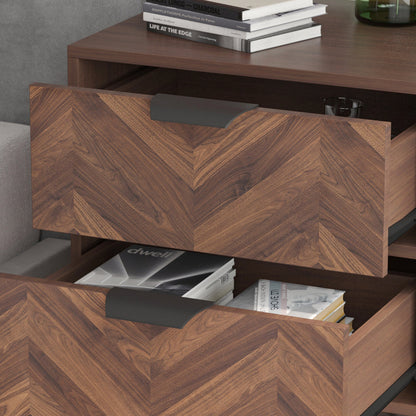 Table de chevet rustique en bois veiné à 2 tiroirs