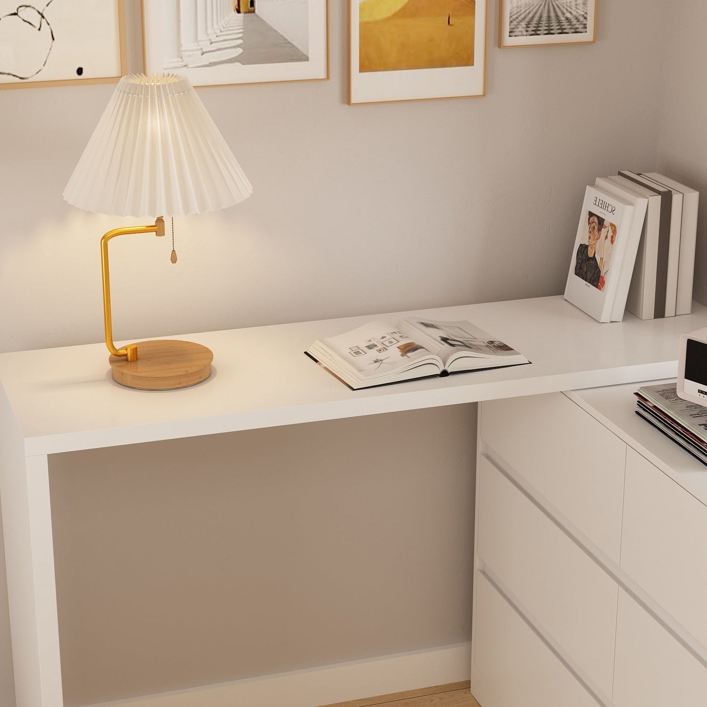 Table de travail pivotante en forme de L avec 6 tiroirs