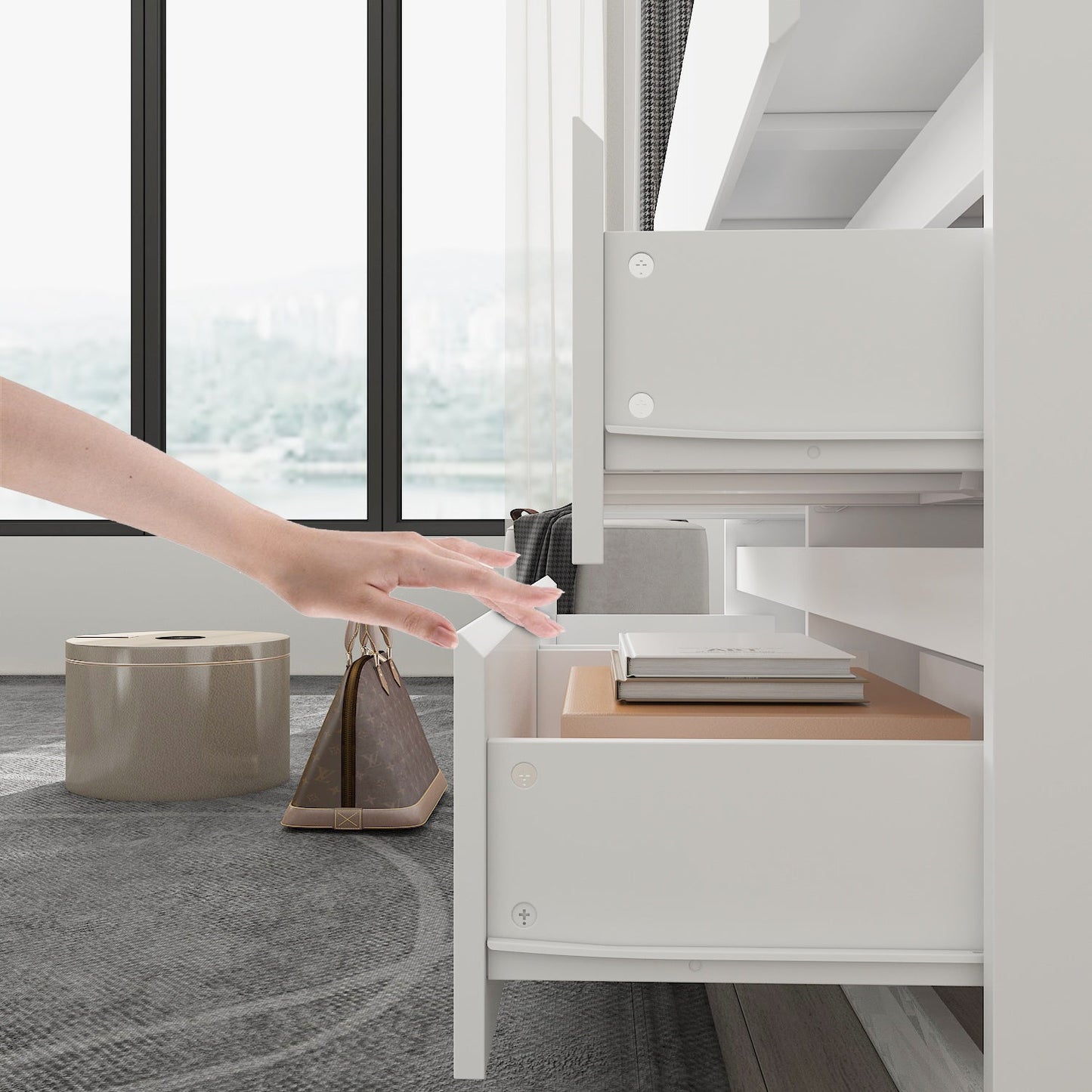 Table de travail pivotante en forme de L avec 6 tiroirs