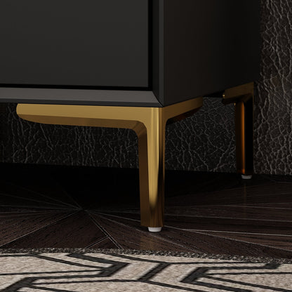 Table de chevet noire avec pieds en métal doré et 3 tiroirs