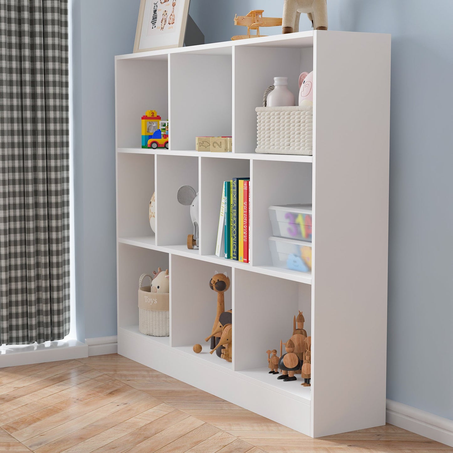 Meuble d'entrée, bibliothèque large pour enfants avec plusieurs compartiments et étagère à 3 niveaux 