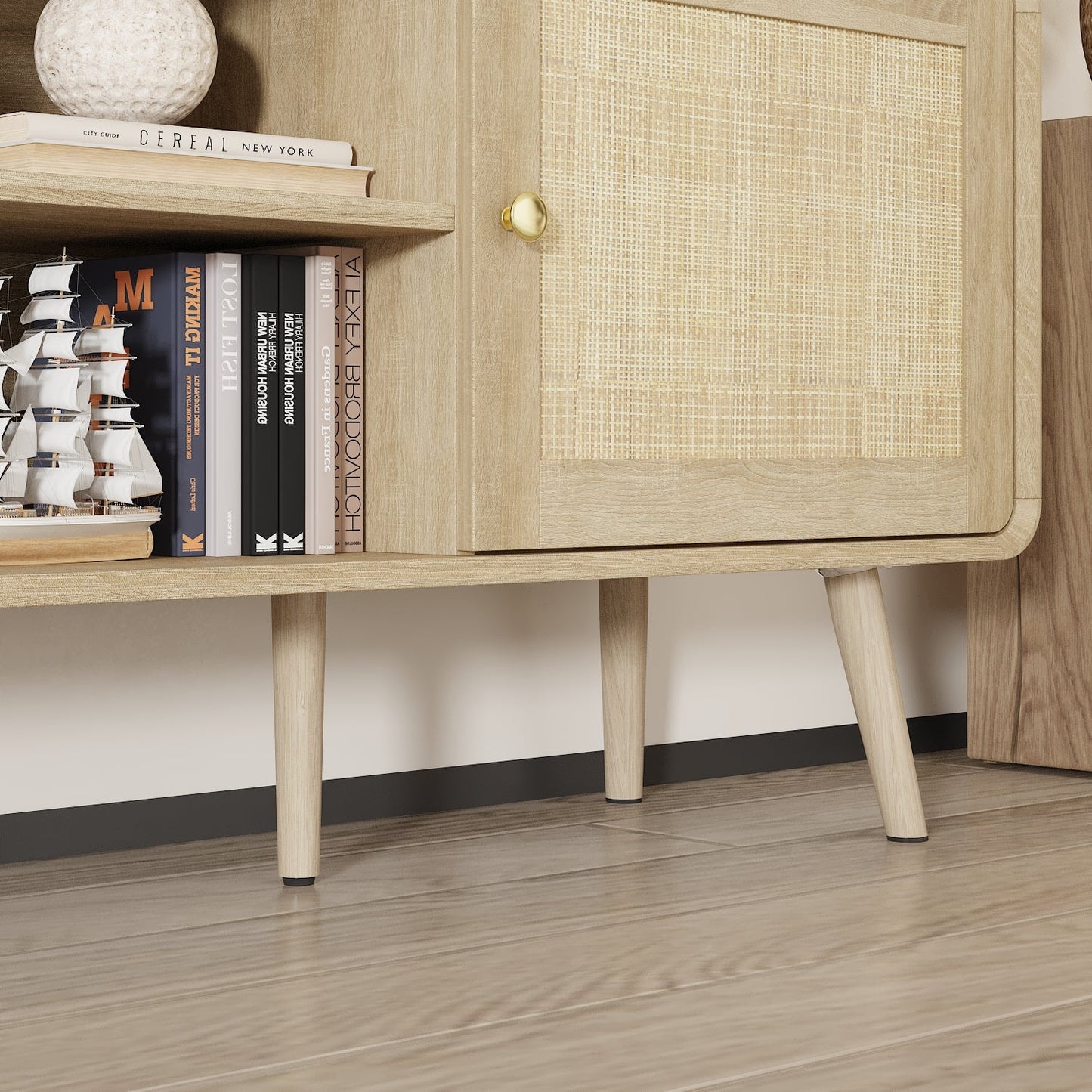 Meuble TV/console multimédia de 70,9 pouces de large avec 2 étagères ouvertes et portes en rotin