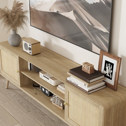 Meuble TV/console multimédia de 70,9 pouces de large avec 2 étagères ouvertes et portes en rotin