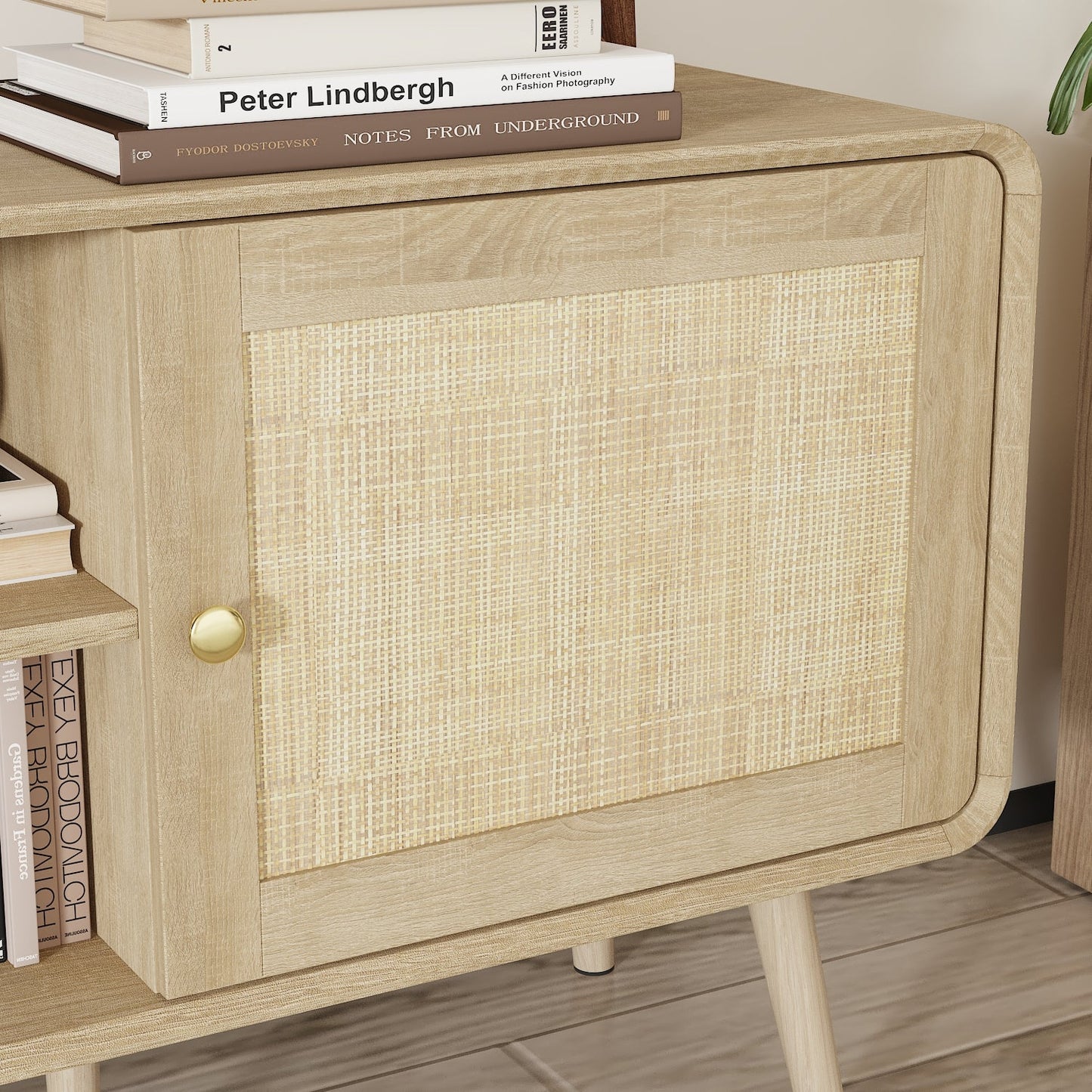 Meuble TV/console multimédia de 70,9 pouces de large avec 2 étagères ouvertes et portes en rotin