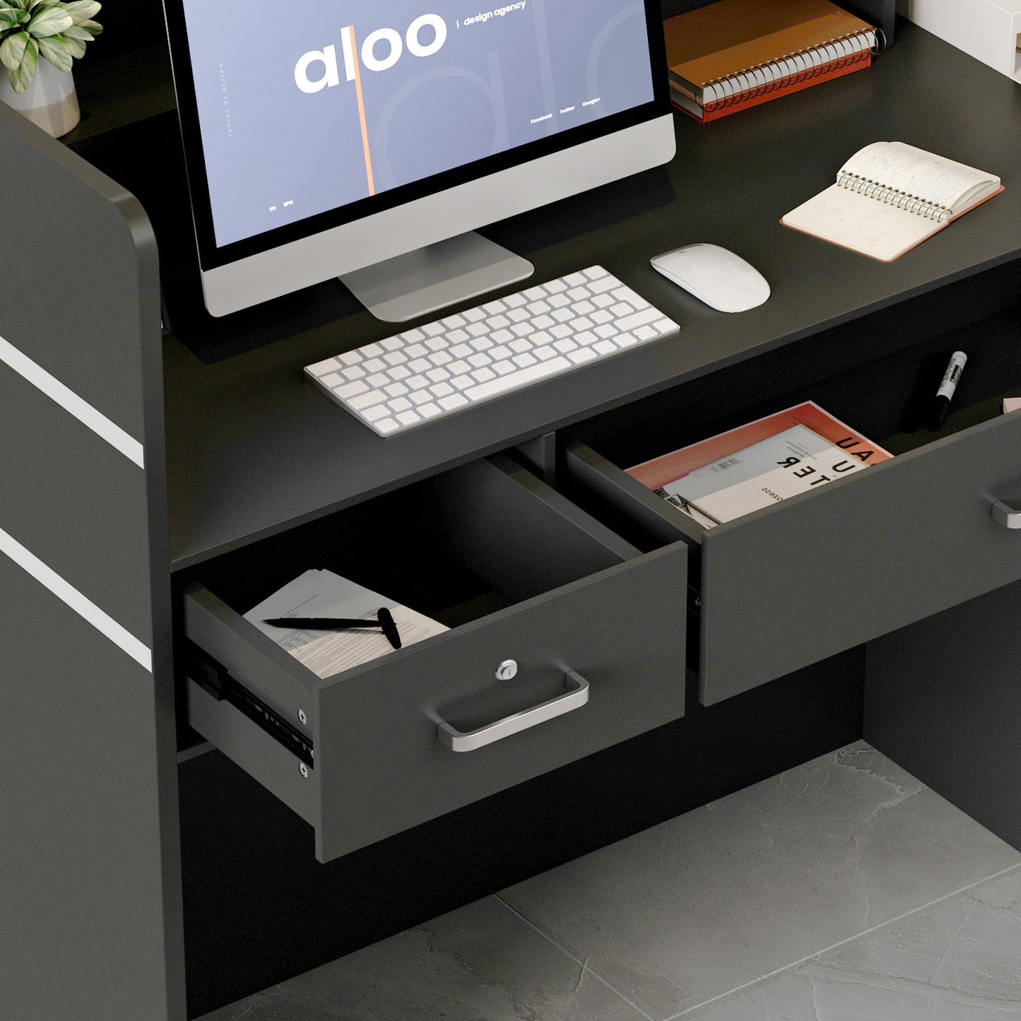 Bureau d'accueil moderne en bois avec armoire de rangement verrouillable, 47 pouces de large. 